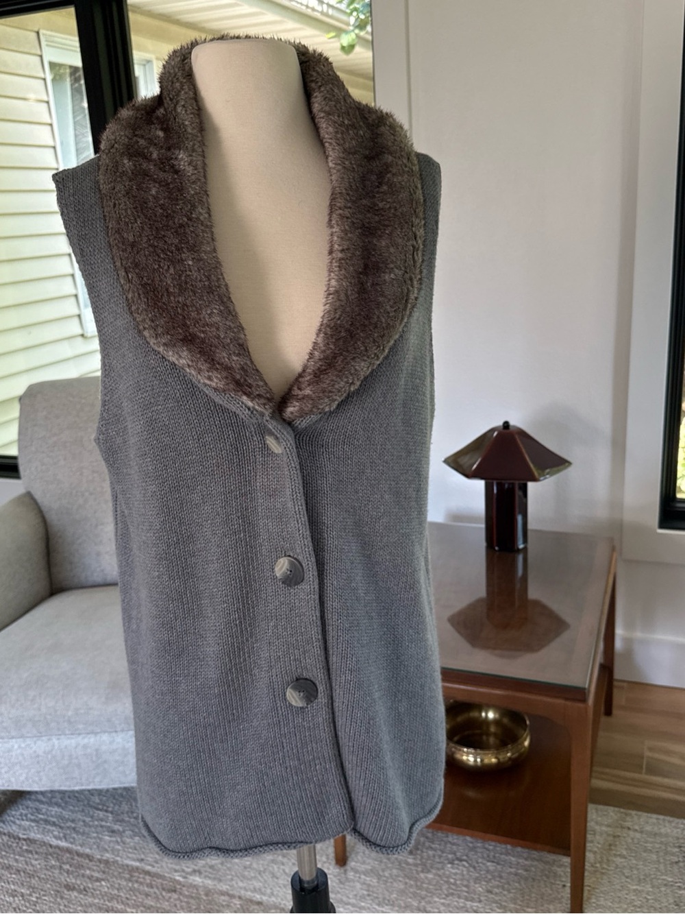 J. Jill Gray Knit Vest with Plush Faux Fur Collar Angora Blend Large Excellent